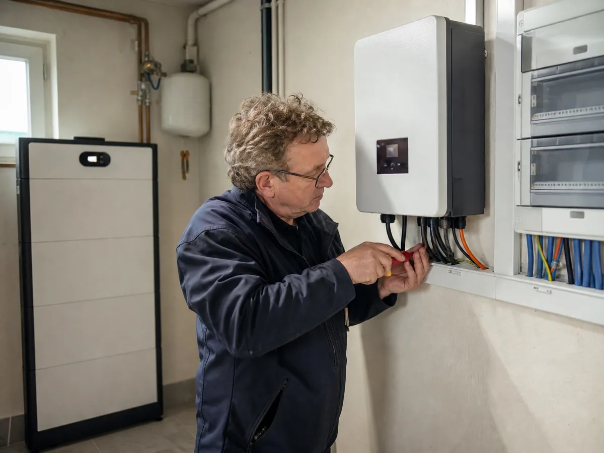 Elektromeister schließt einen Wechselrichter an, denn nur eingetragene Betriebe dürfen PV ans Netz bringen
