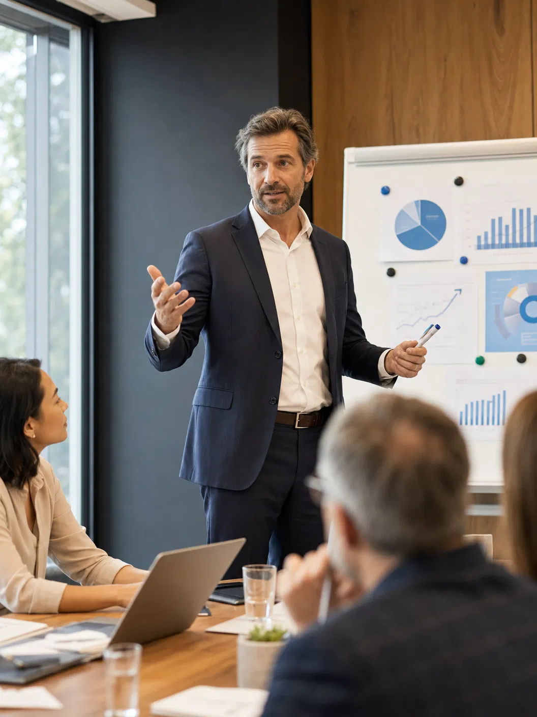 Mann im Anzug präsentiert vor einem Flipchart mit Diagrammen, mehrere Personen sitzen mit Laptops am Besprechungstisch und hören zu