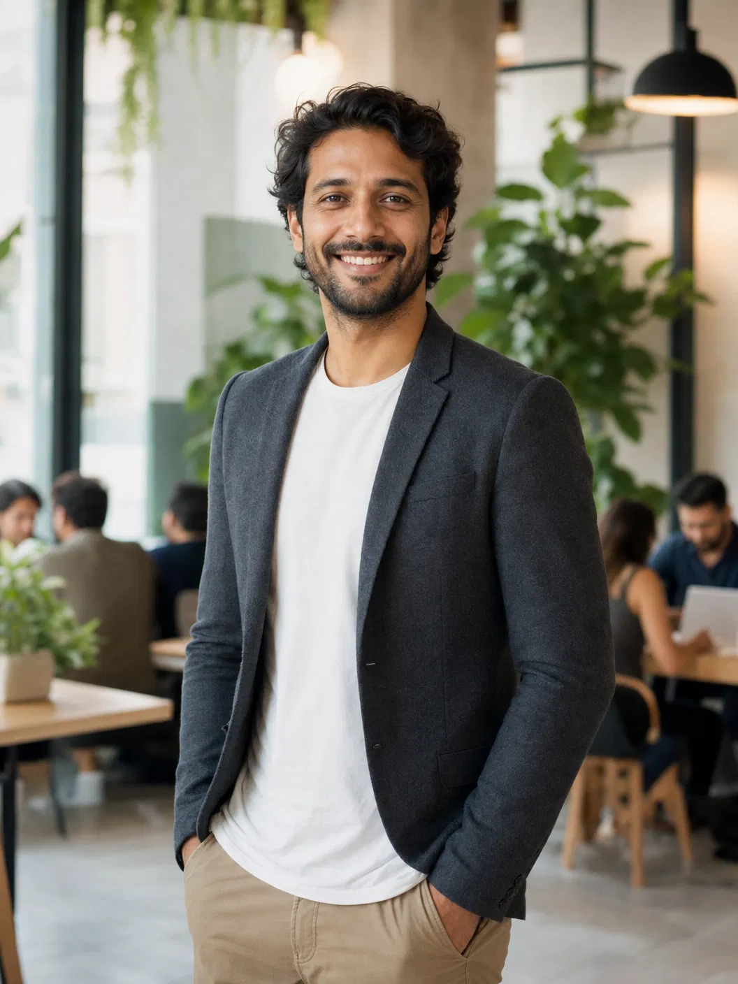 Lächelnder Gründer im Sakko steht in einem hellen Coworking-Space mit Pflanzen