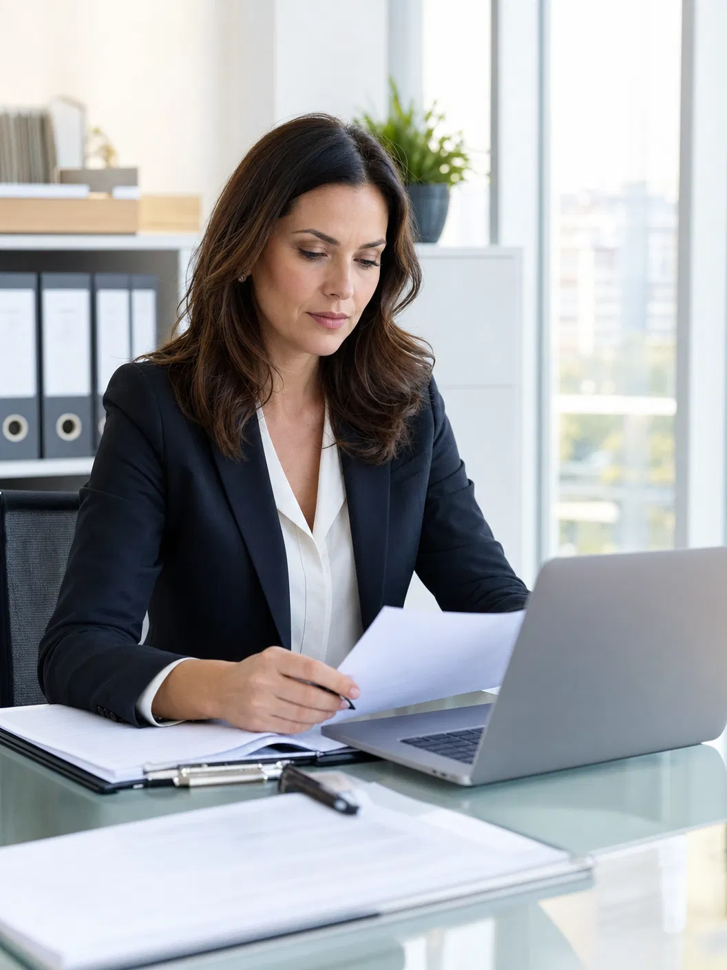 Frau im dunklen Blazer sitzt an einem Glastisch mit Laptop und Ordnern und liest ein Blatt Papier