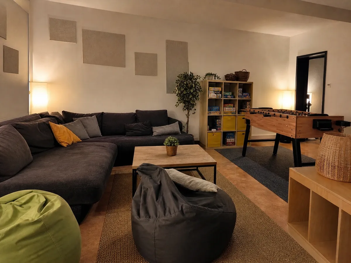 Gruppenraum eines kleinen Jugendhilfeträgers mit Sofa und Tischkicker für die eigene Trägergründung