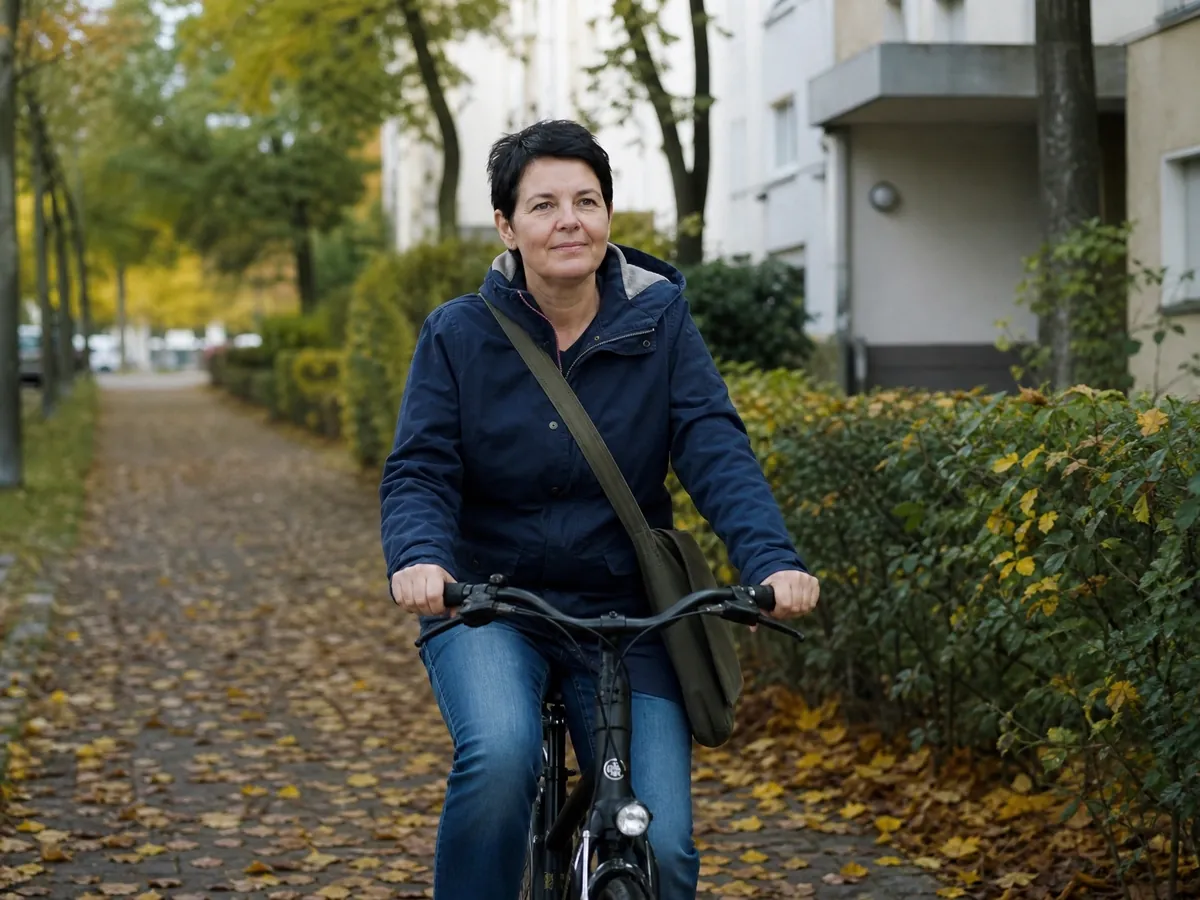 Freiberufliche Sozialpädagogin fährt mit dem Rad zu einem Hausbesuch, Thema Rentenversicherung