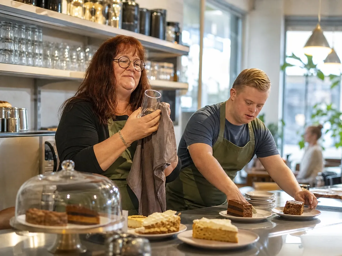 Gründerin eines Inklusionscafés arbeitet mit ihrem Mitarbeiter hinter der Theke, Thema Rechtsform