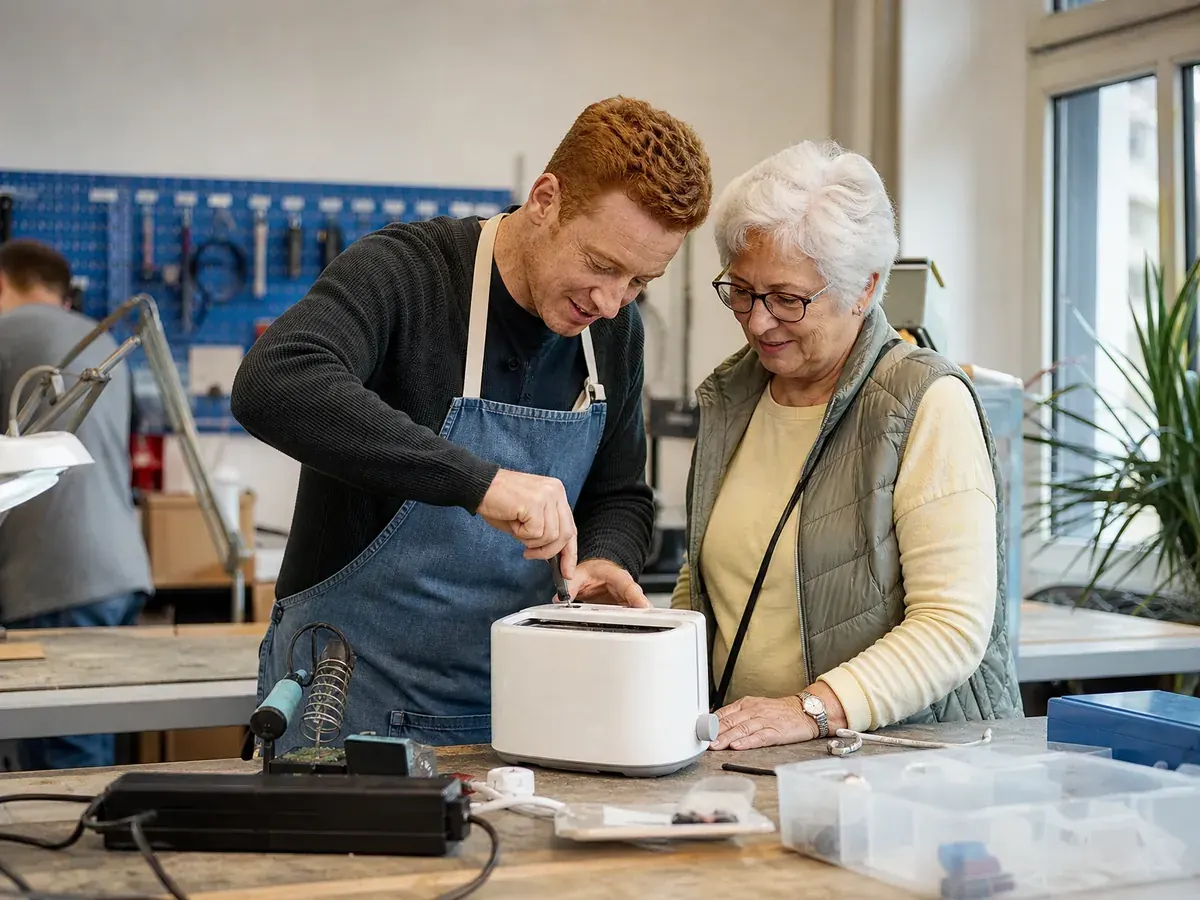 Gründer eines Repair-Cafés hilft einer Besucherin, ihren Toaster zu reparieren, ein soziales Geschäftsmodell