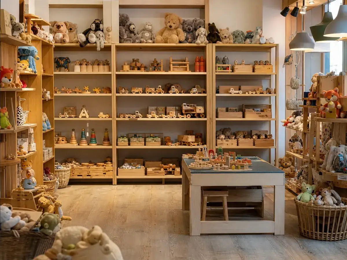 Spielwarenladen mit nach Alter sortierten Regalen, Holzspielzeug, Plüschtieren und einem Spieltisch
