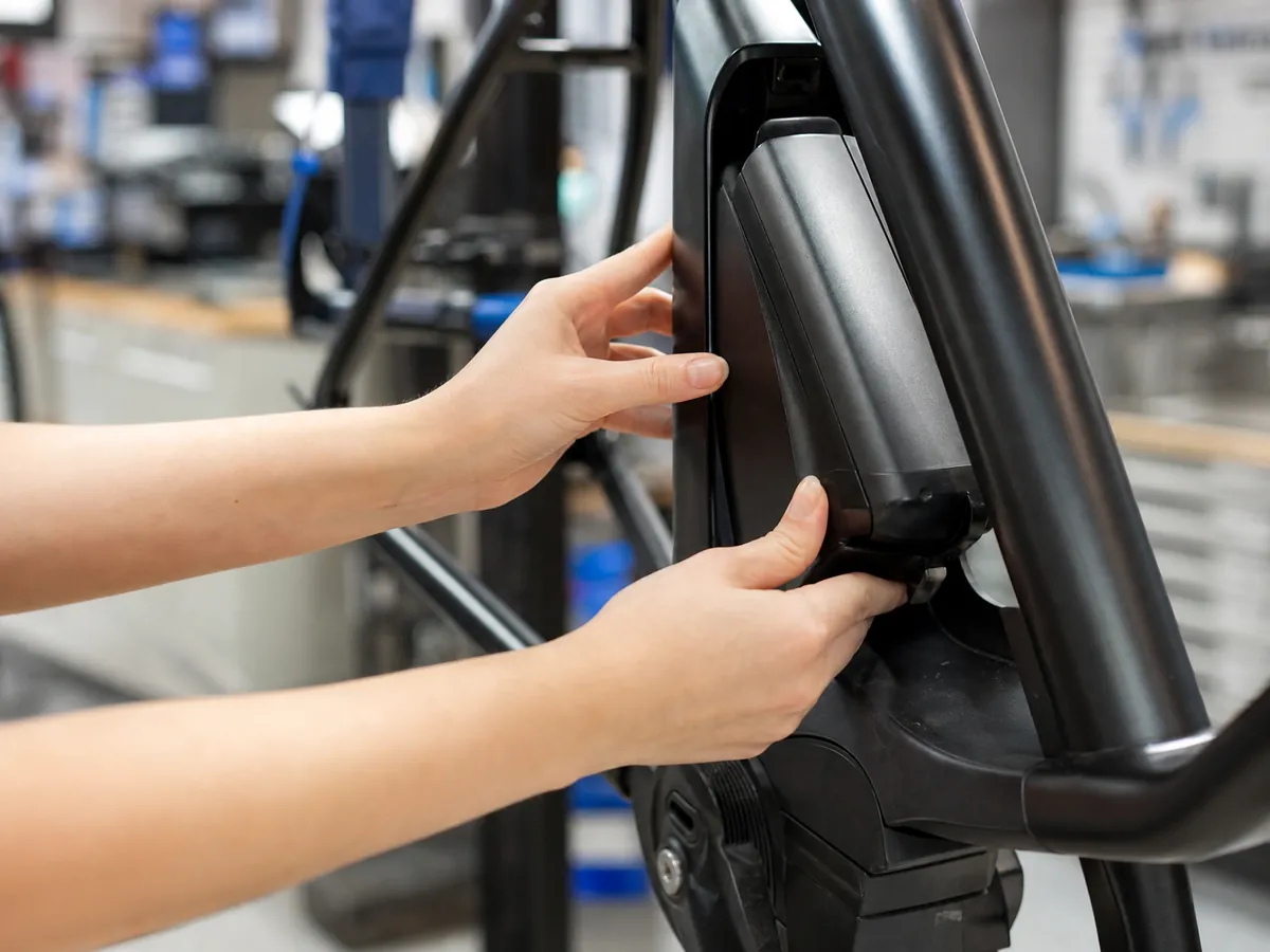 Hände setzen einen E-Bike-Akku ein, für Akkus und Elektronik gelten im Sportgeschäft eigene Pflichten