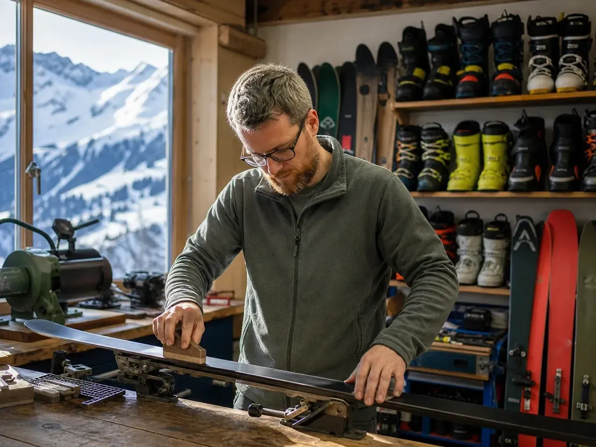 Sporthändler wachst in seiner Werkstatt einen Ski, Wintersport passt zum Sortiment in Bergregionen