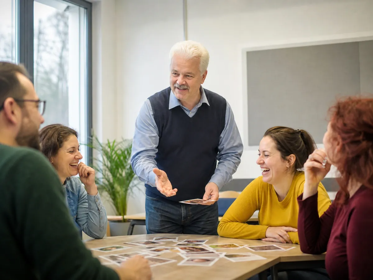 Sprachlehrer unterrichtet eine kleine Erwachsenengruppe in seiner Sprachschule, Thema Umsatzsteuer