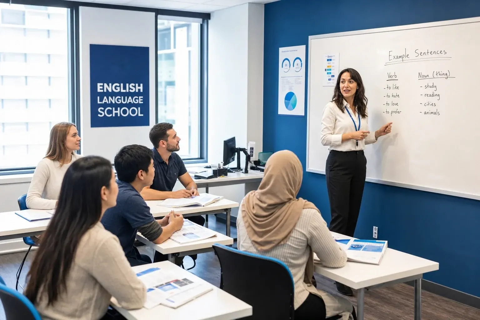 Lehrerin steht an einem Whiteboard mit englischen Beispielsätzen und unterrichtet eine kleine Gruppe Erwachsener an Tischen