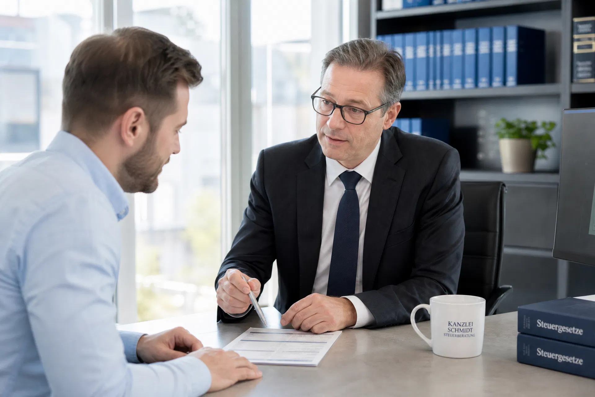 Steuerberater im Anzug erklärt einem jüngeren Mann am Schreibtisch ein Dokument, im Regal stehen blaue Ordner und Gesetzbücher