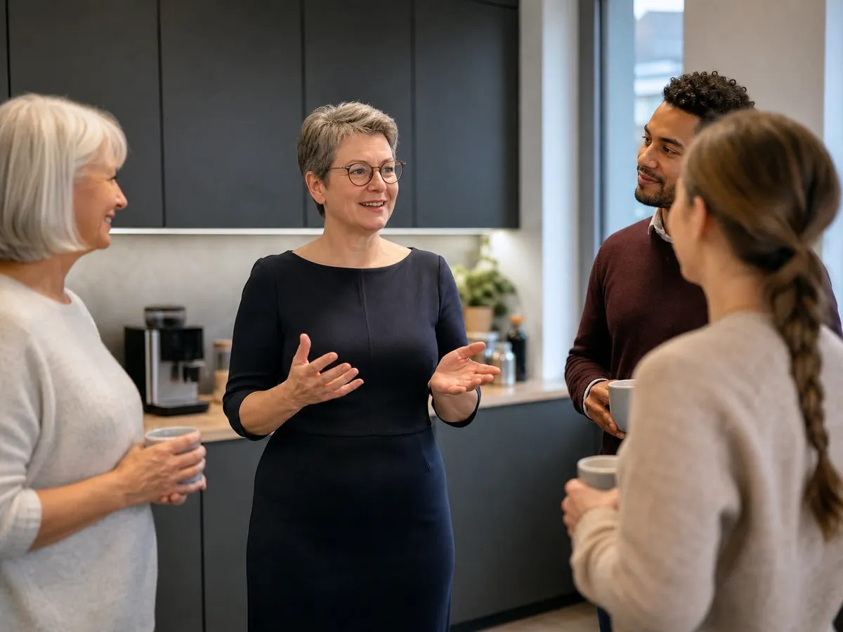Neue Inhaberin stellt sich nach der Übernahme der Steuerkanzlei dem Team in der Teeküche vor