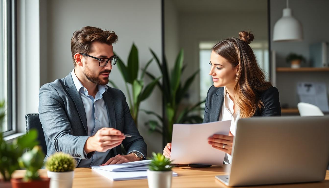 Mann mit Brille erklärt einer Frau am Besprechungstisch ein Dokument, auf dem Tisch stehen ein Laptop und kleine Pflanzen