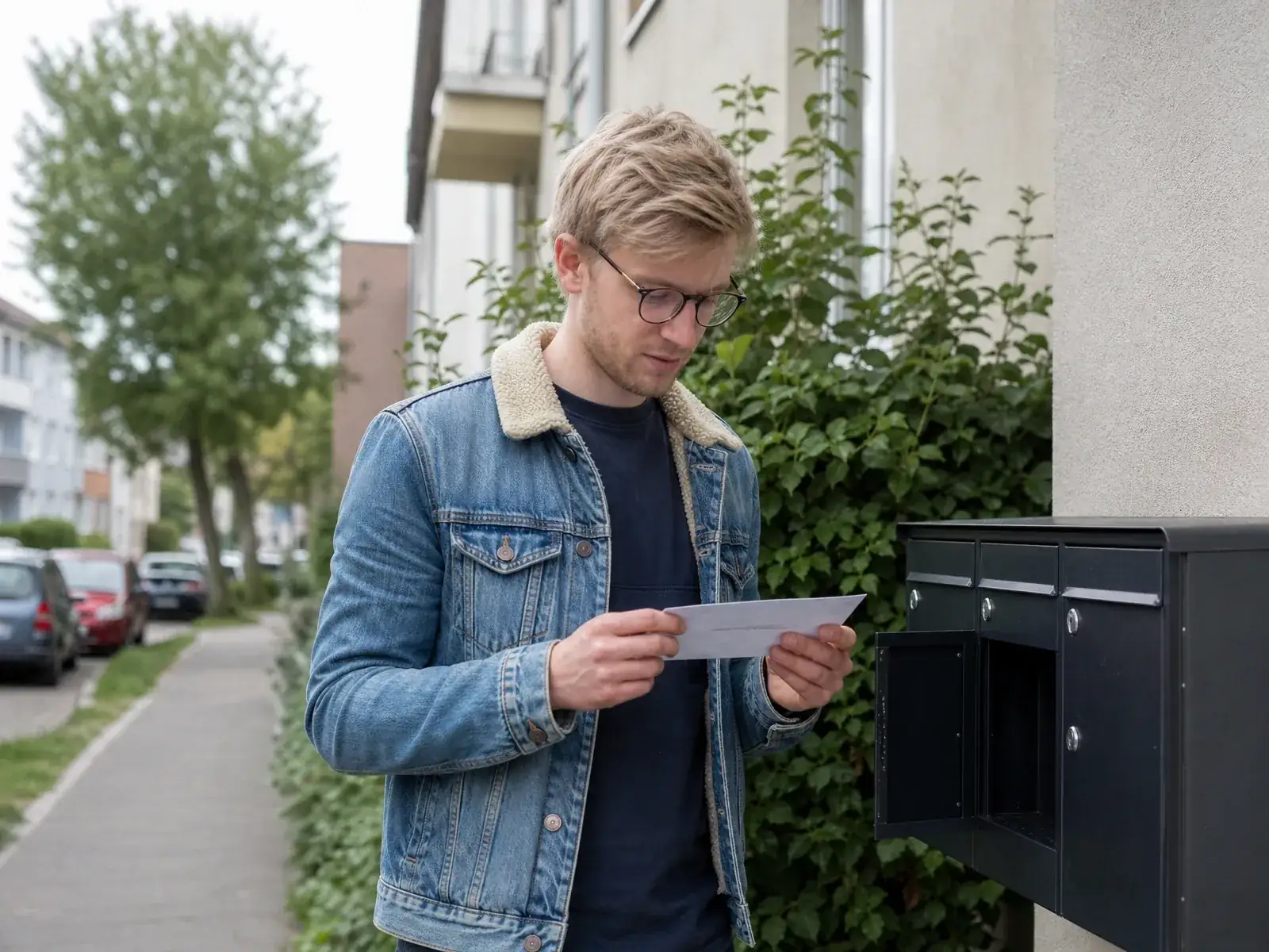 Steuernummer beantragen: Junger Freiberufler liest am Briefkasten einen Brief