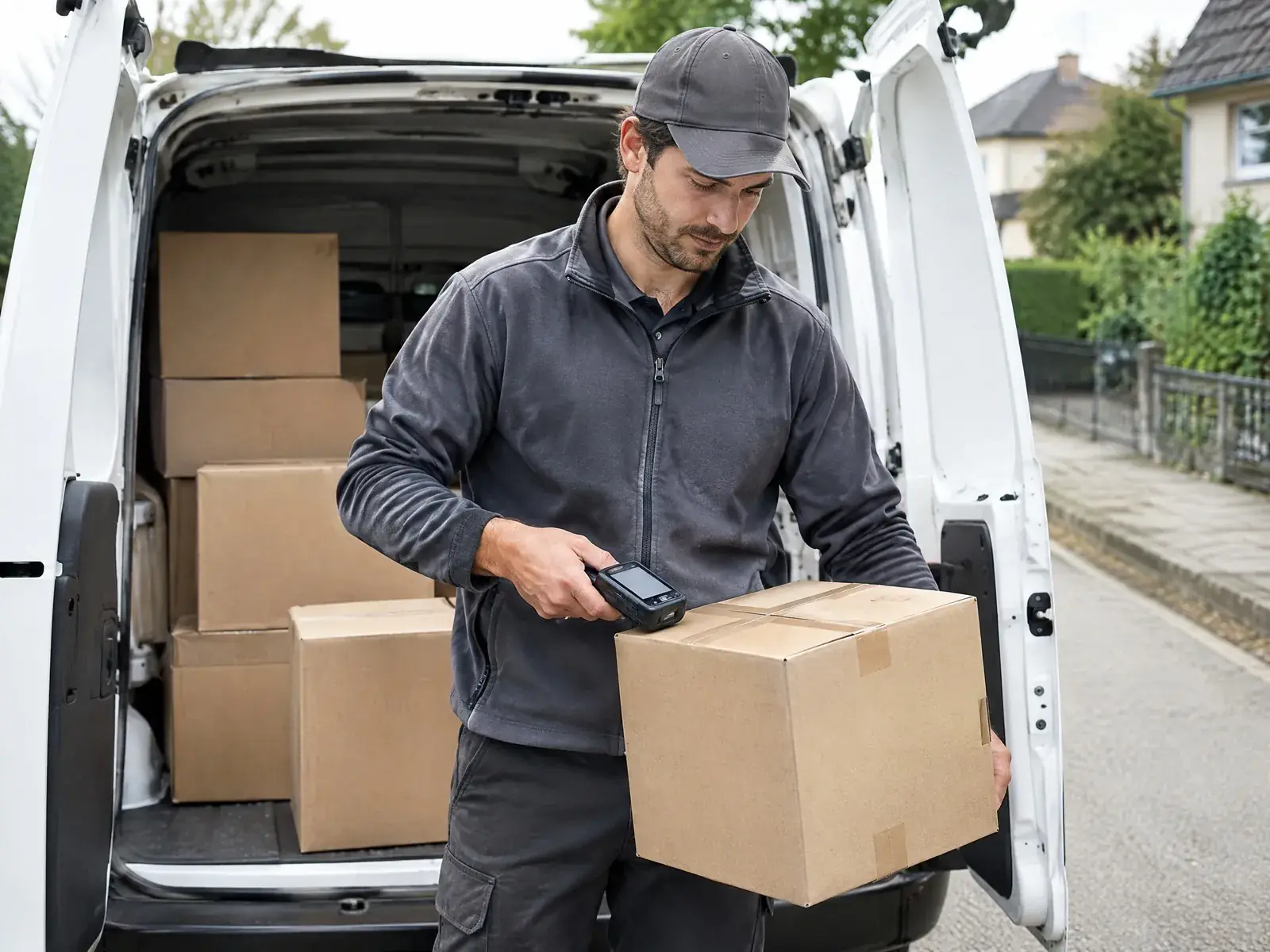 Subunternehmer im Paketdienst: Zusteller scannt Pakete am Transporter