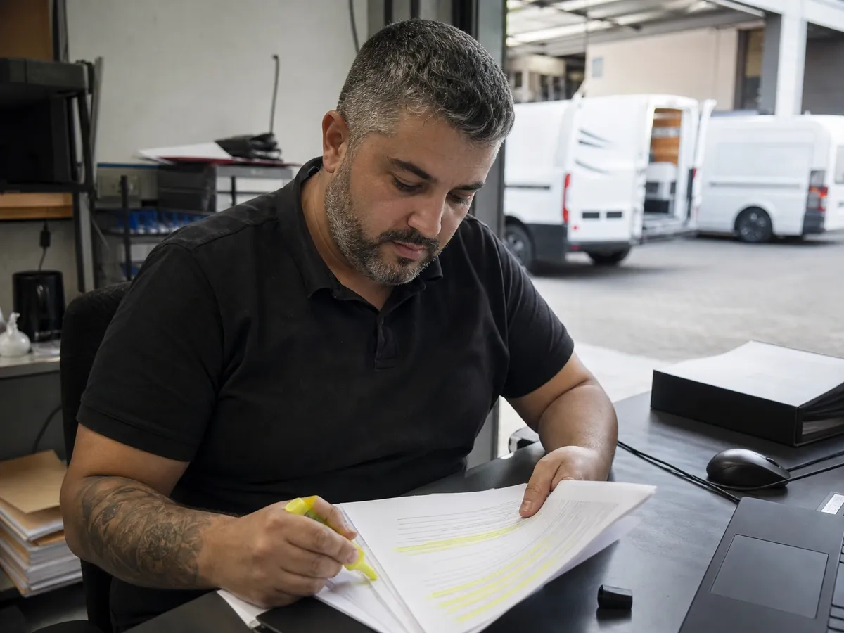 Paketdienst-Subunternehmer prüft im Büro neben seinem Fuhrpark den Vertrag mit dem Paketdienstleister
