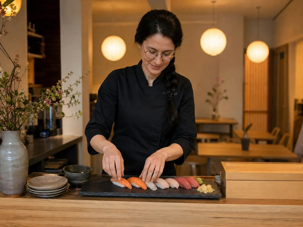 Gründerin richtet hinter der Holztheke ihres kleinen Sushi-Restaurants Nigiri auf einem Schieferbrett an