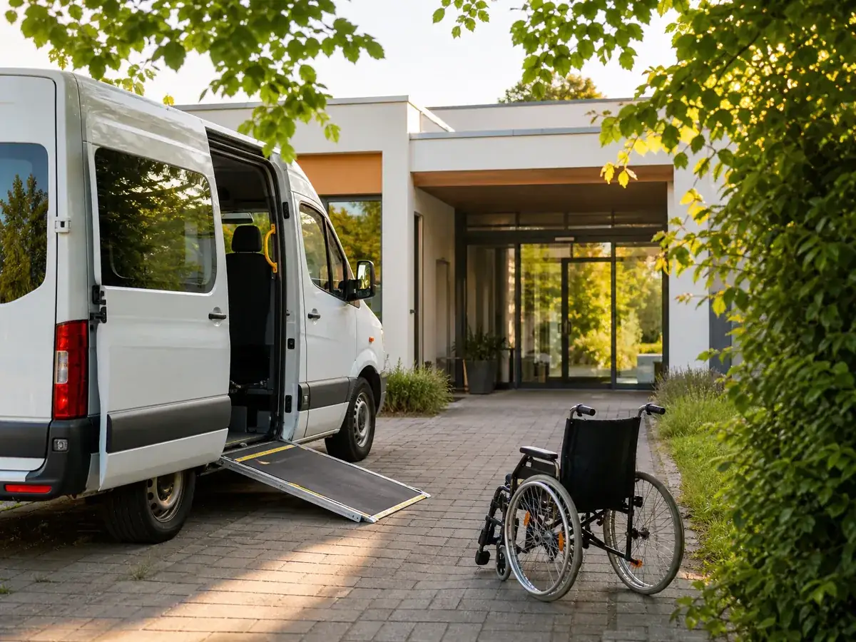 Kleinbus mit Rollstuhlrampe für den Fahrdienst parkt am Morgen vor dem Eingang einer Tagespflege