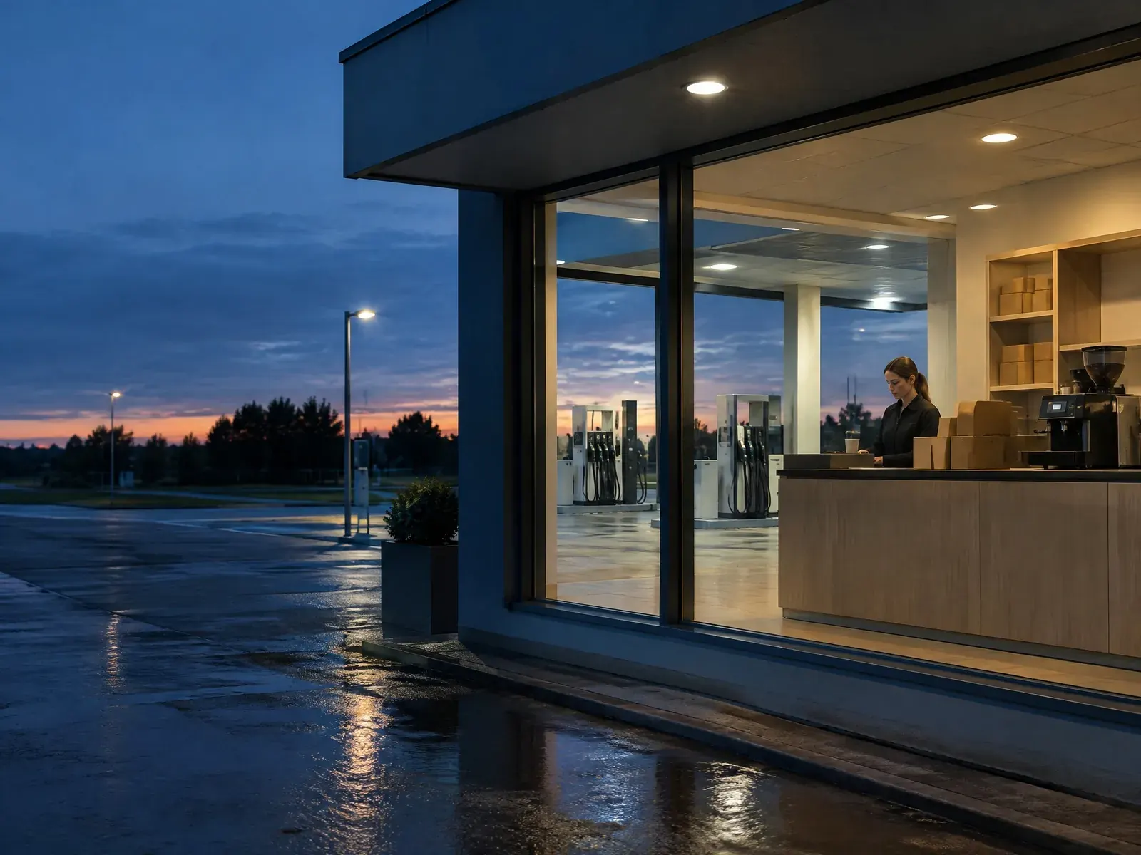 Beleuchteter Tankstellenshop in der Abenddämmerung, eine Mitarbeiterin an der Kasse, draußen die Zapfsäulen