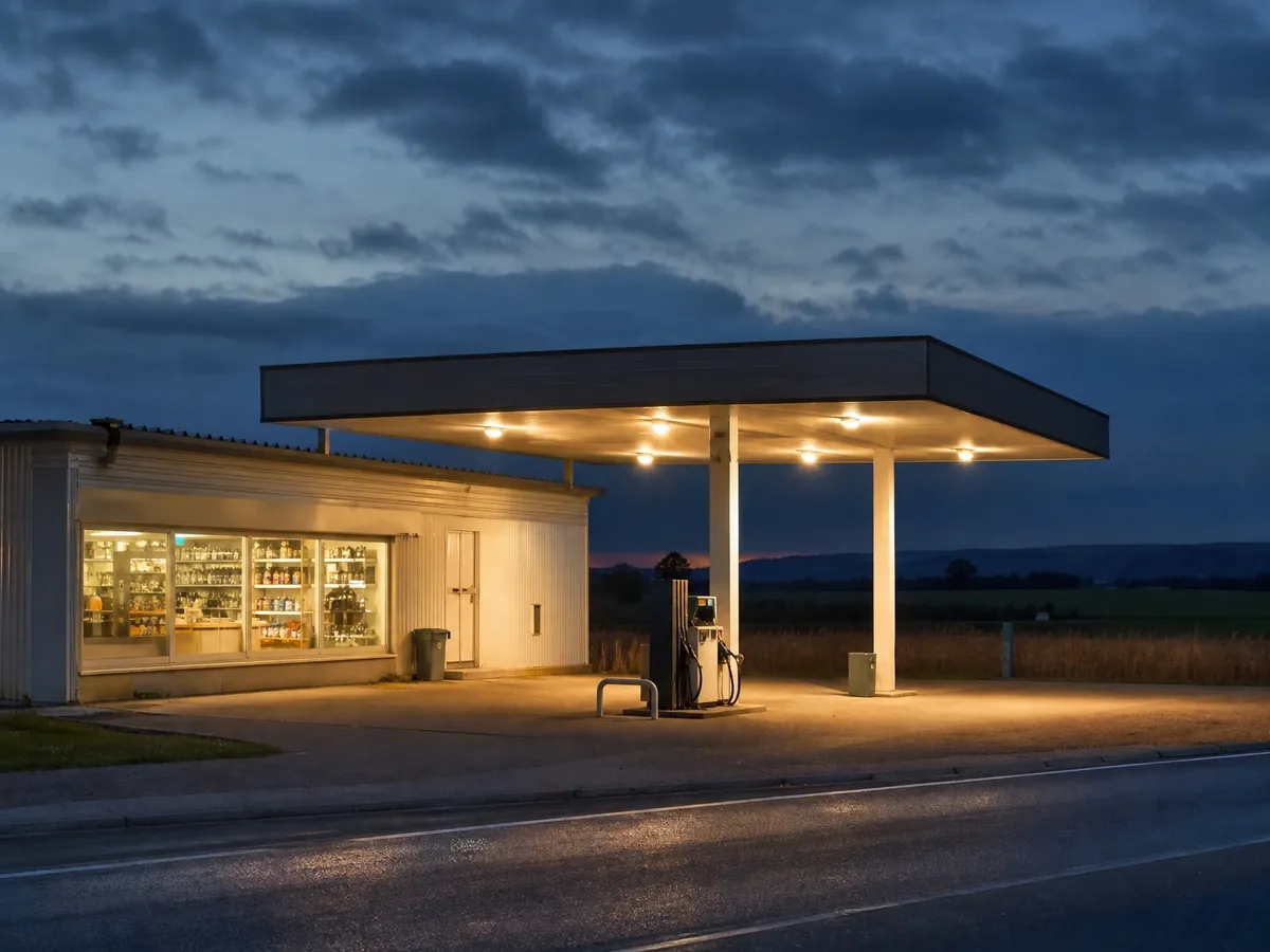 Tankstelle ohne Kunden in der Abenddämmerung an einer Landstraße, ein mögliches Pachtobjekt für Gründer