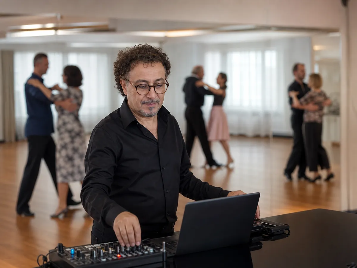 Tanzlehrer wählt im Saal die Musik für den Kurs aus, für die in der Tanzschule GEMA-Gebühren anfallen