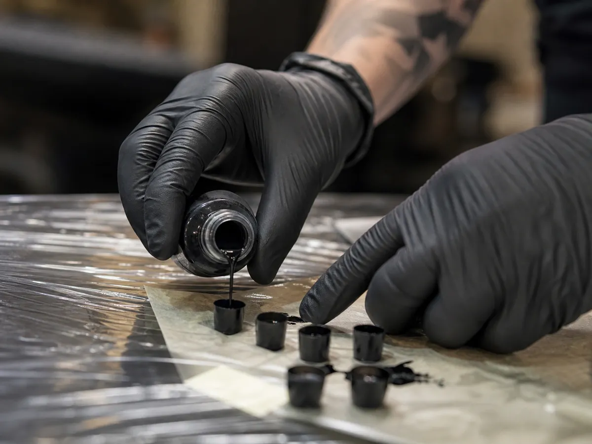 Hände in Handschuhen füllen im Tattoostudio Farbe aus einer Flasche in kleine Einwegkappen