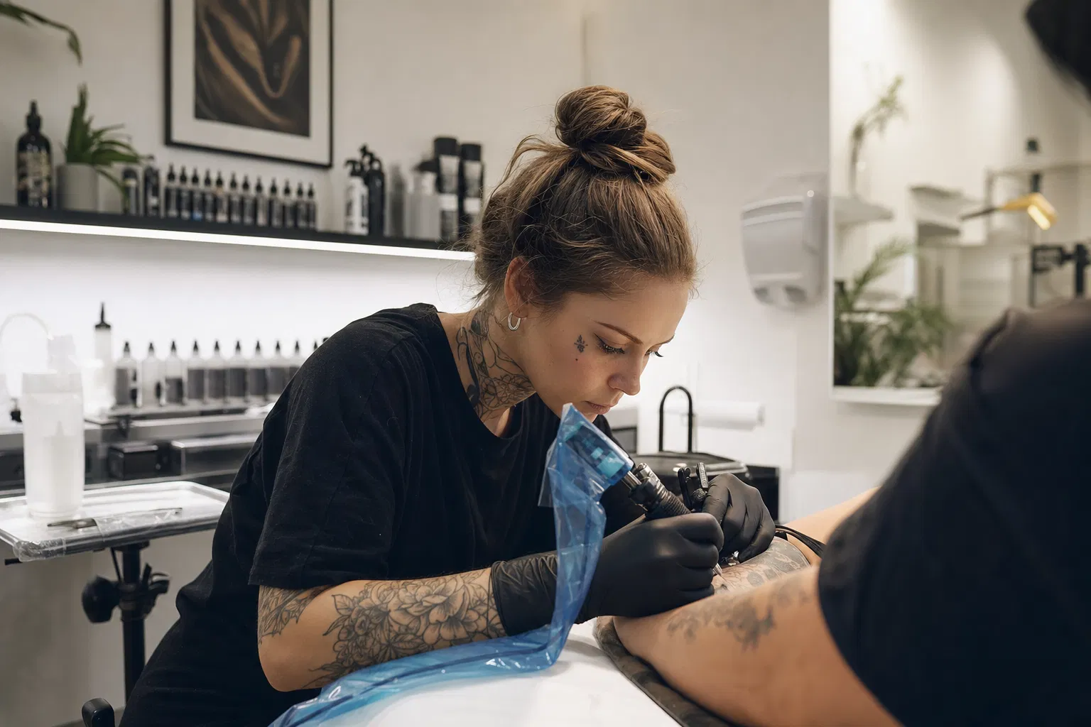Tätowiererin mit schwarzen Handschuhen arbeitet in einem hellen Studio am Unterarm eines Kunden