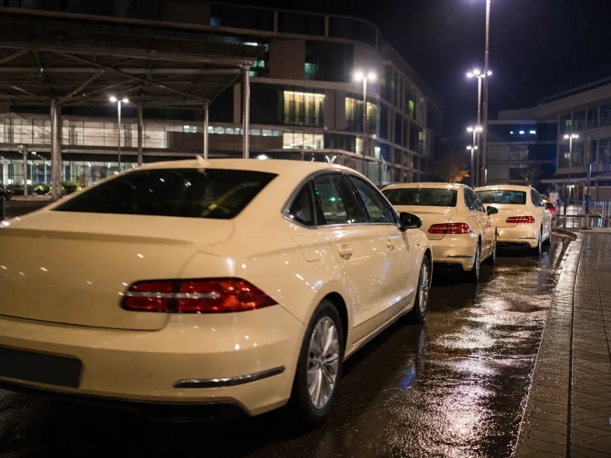 Wartende Fahrzeuge in einer Reihe am nächtlichen Bahnhofsvorplatz, wie Taxis am Stand auf Fahrgäste warten