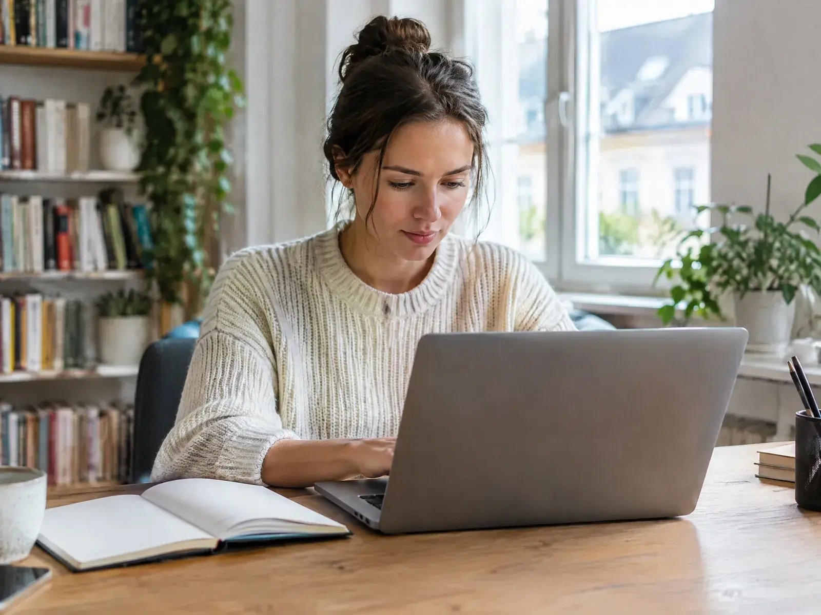 Selbstständig als Texter: Texterin schreibt im Homeoffice am Laptop