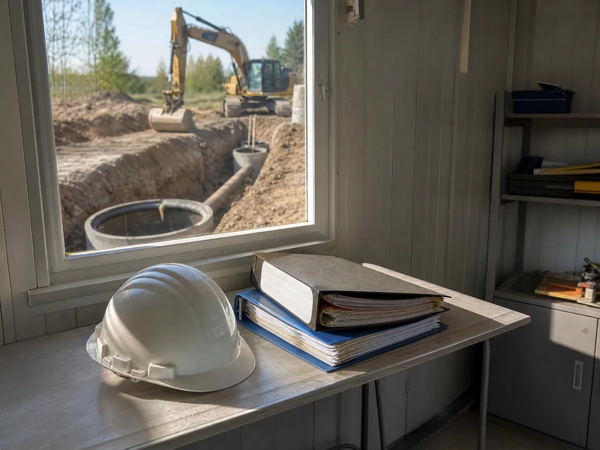 Ordner und Schutzhelm im Baucontainer einer Tiefbaufirma, draußen arbeitet ein Bagger an einer Leitungsgrube