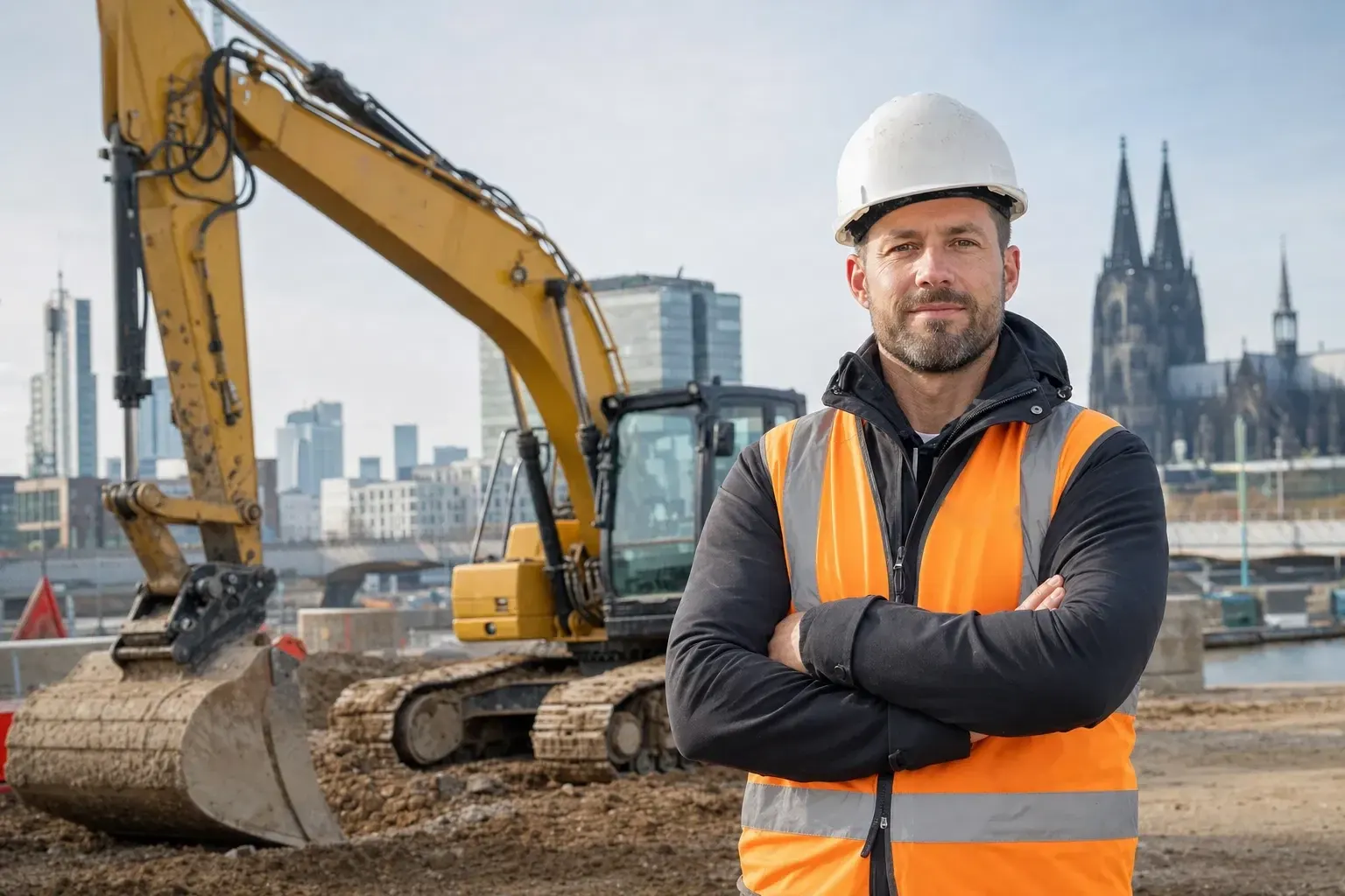 Tiefbauunternehmer mit Helm und Warnweste vor einem Kettenbagger auf einer Baustelle, im Hintergrund der Kölner Dom