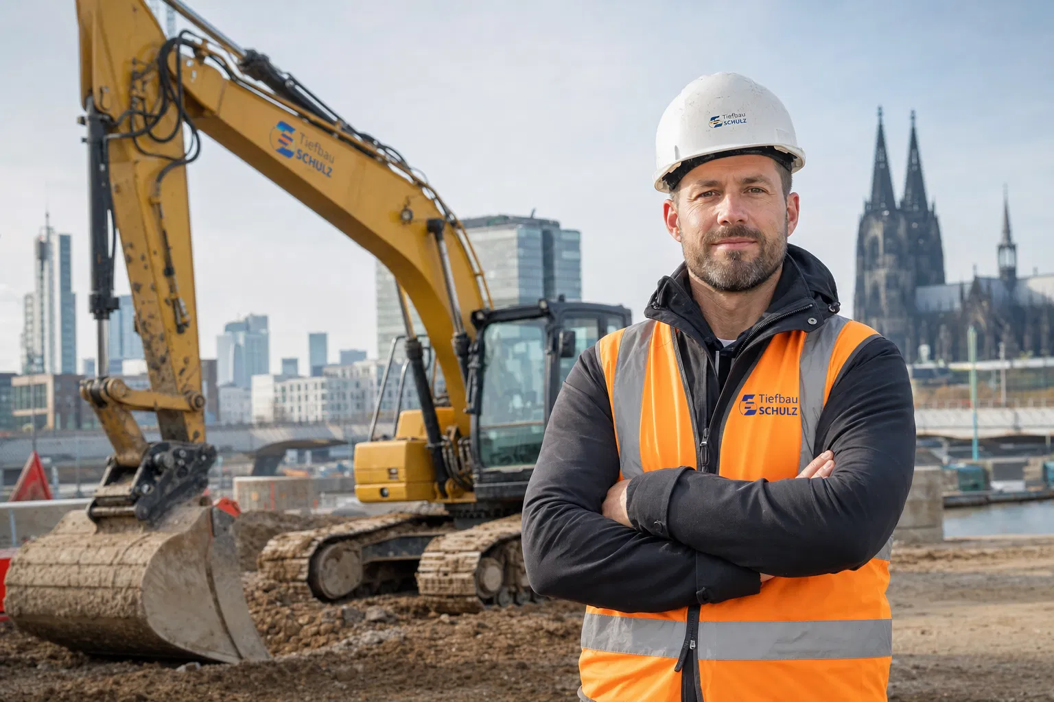 Unternehmer in Warnweste und mit Helm steht mit verschränkten Armen vor einem Bagger auf einer Baustelle