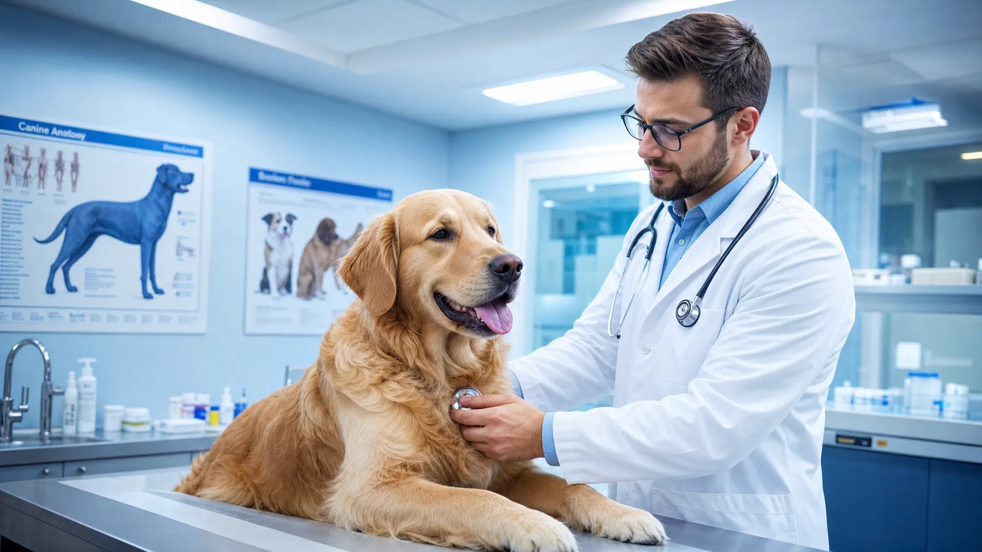 Tierarzt im weißen Kittel hört einen Golden Retriever auf dem Behandlungstisch mit dem Stethoskop ab
