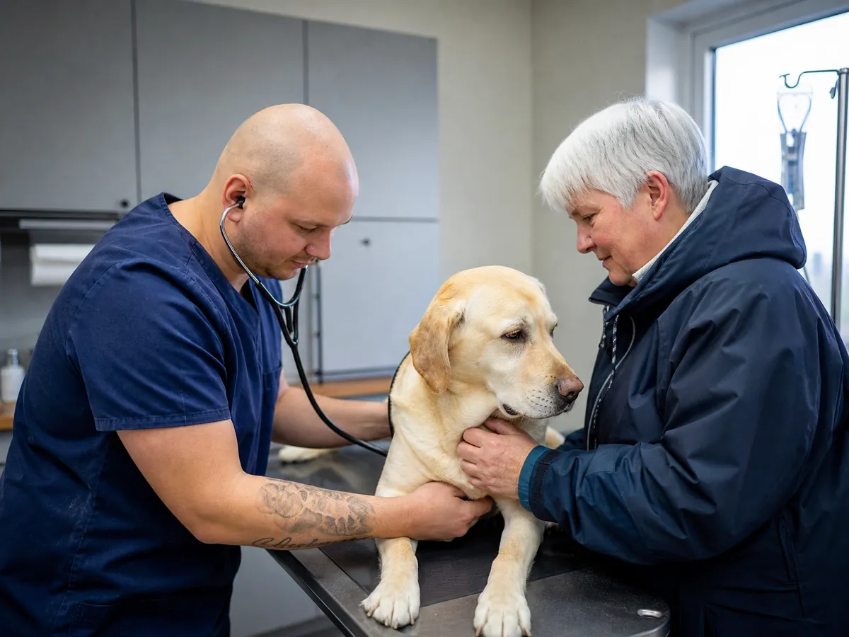 Tierarzt untersucht in seiner Praxis einen Labrador mit dem Stethoskop, die Halterin hält den Hund