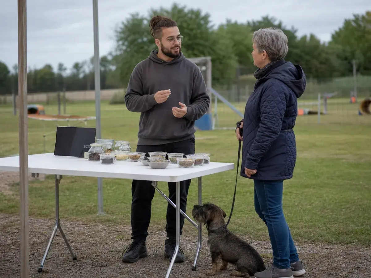 Tierernährungsberater spricht an einem Infostand auf dem Hundeplatz mit einer Halterin über Fütterung