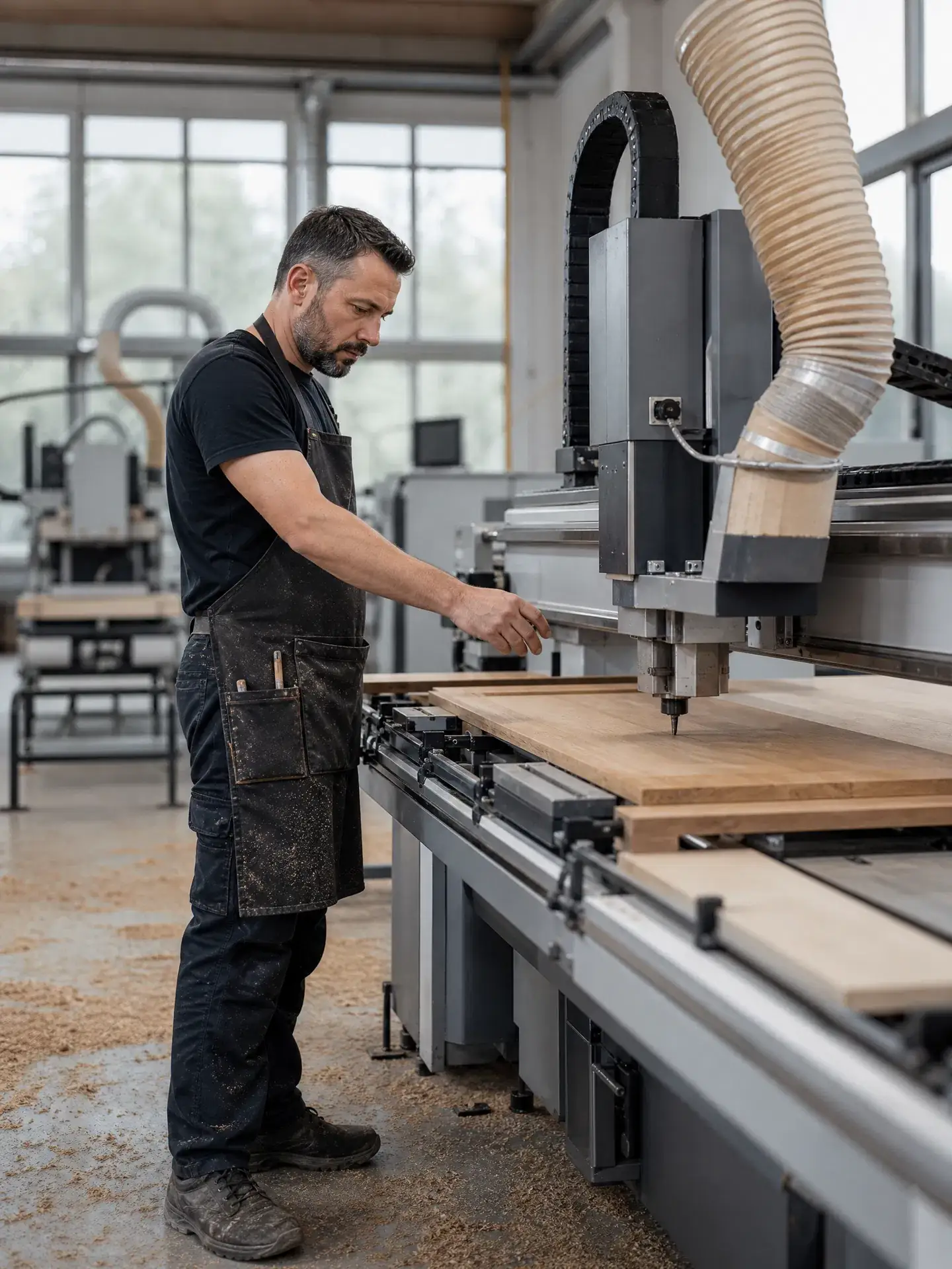 Tischler in Arbeitsschürze bedient eine CNC-Fräse in einer hellen Werkhalle