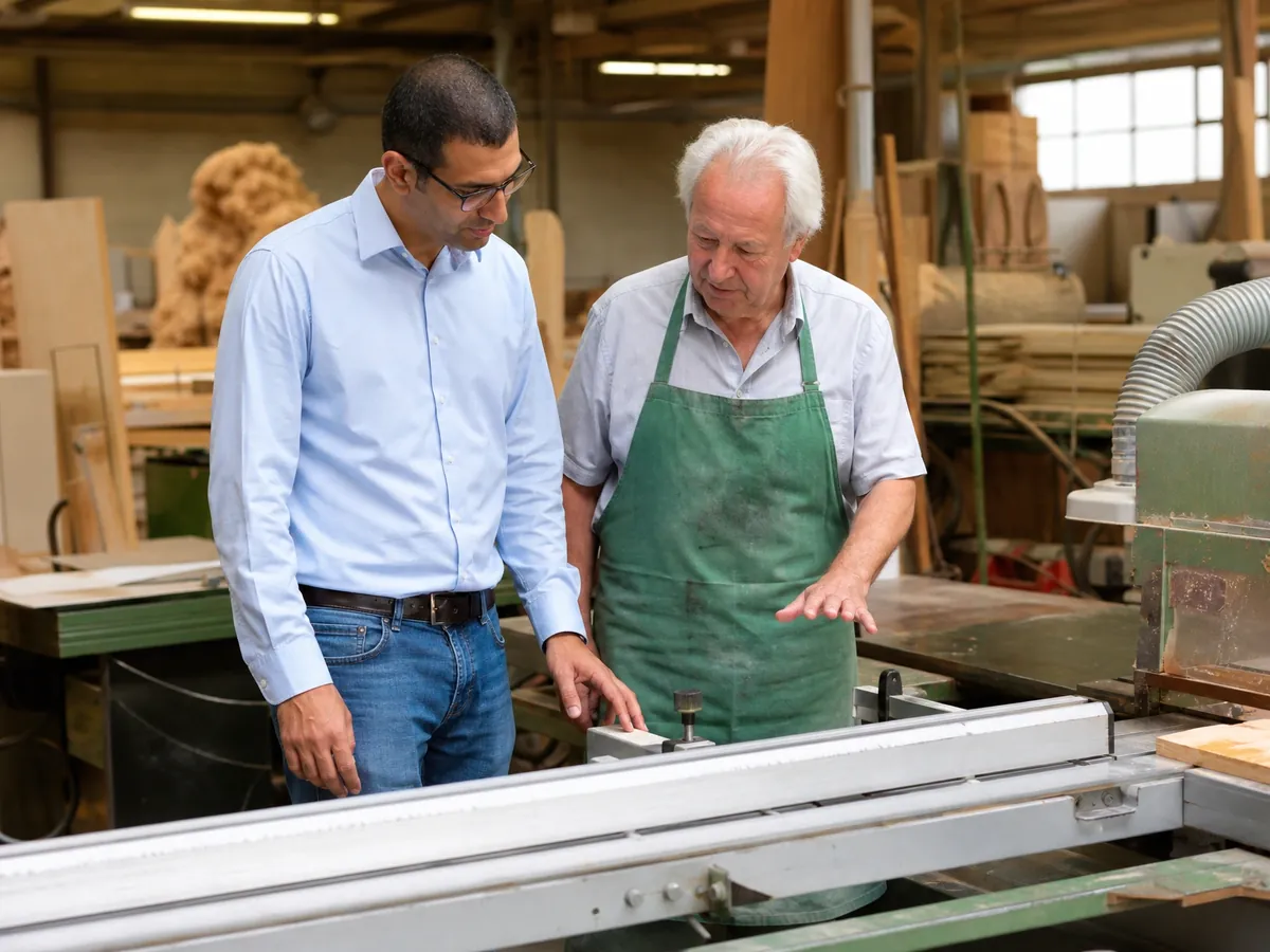 Kaufinteressent besichtigt mit dem Seniorchef die Werkstatt einer Tischlerei vor der Bewertung des Kaufpreises