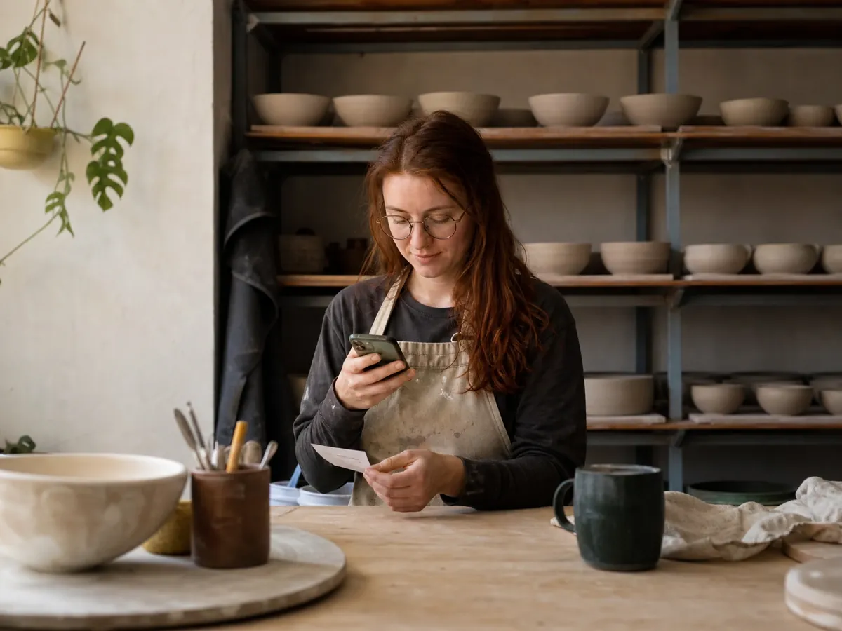 Gründerin fotografiert in ihrem Keramikatelier einen Beleg mit dem Smartphone für die digitale Buchhaltung