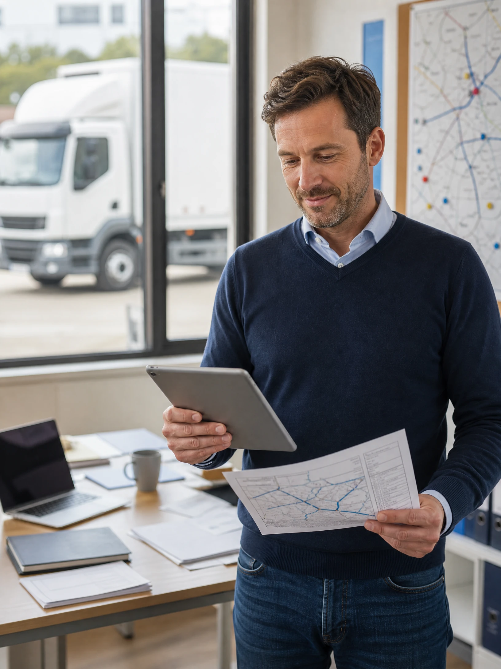 Unternehmer mit Tablet und Routenplan im Büro, vor dem Fenster steht ein weißer Lkw