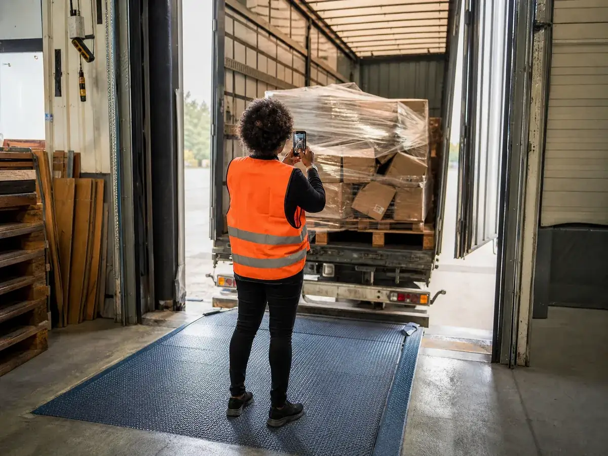 Transportunternehmerin fotografiert an der Laderampe eine beschädigte Palette für die Versicherung