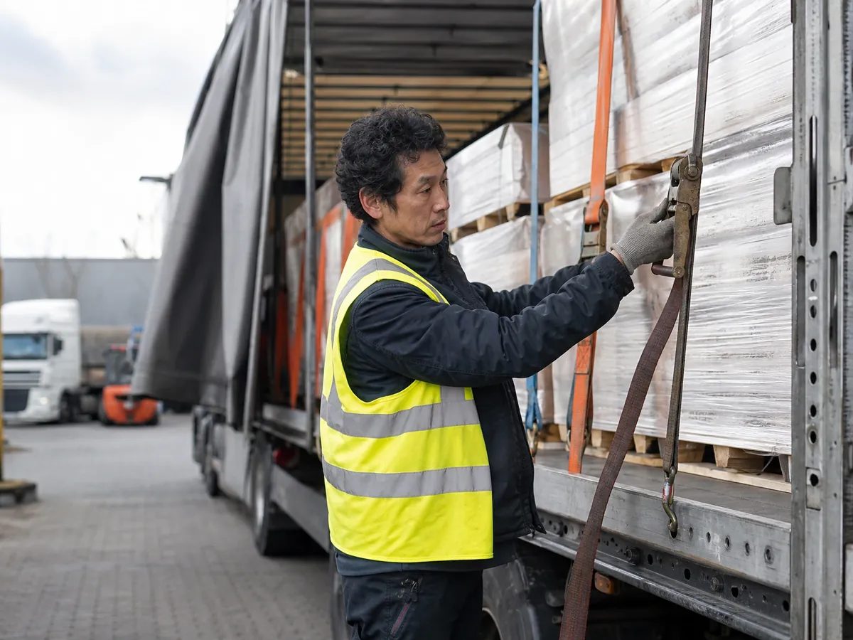 Transportunternehmer sichert die Ladung seines Lkw, für den er eine Erlaubnis nach dem GüKG braucht