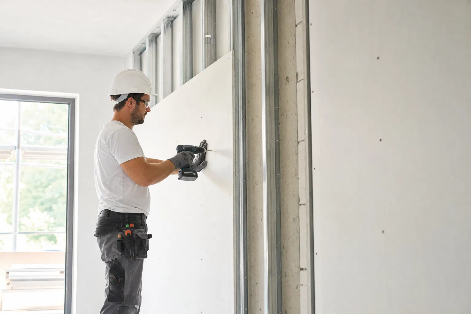 Trockenbauer mit Helm schraubt Gipskartonplatten an ein Metallständerwerk