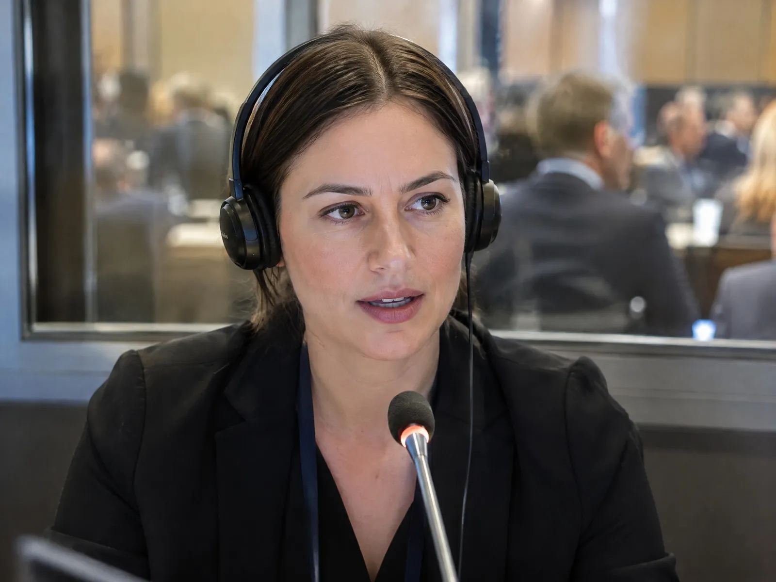 Selbstständig als Dolmetscherin: Dolmetscherin mit Headset in der Kabine bei einer Konferenz