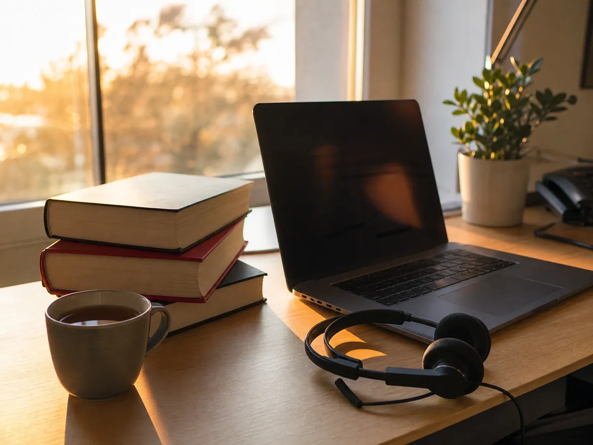 Schreibtisch mit Laptop, Headset und Fachwörterbüchern, die Grundausstattung für Übersetzer und Dolmetscher