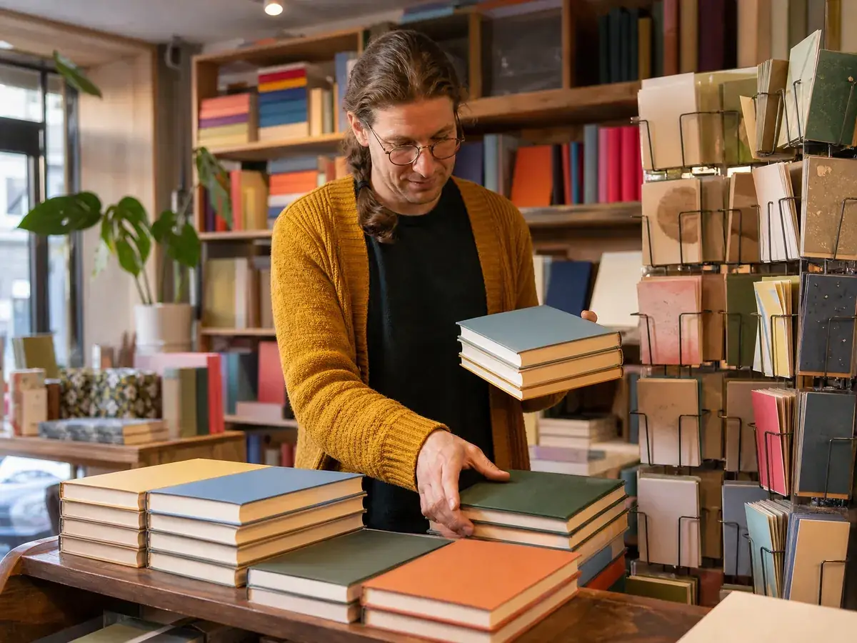 Buchhändler stapelt neue Bücher, für die der ermäßigte Umsatzsteuersatz von 7 Prozent gilt