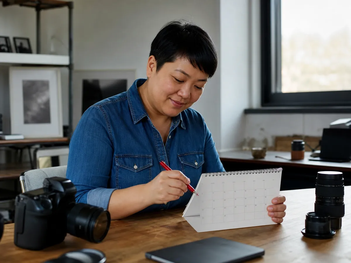 Fotografin markiert in ihrem Studio die Frist für die Umsatzsteuervoranmeldung im Papierkalender