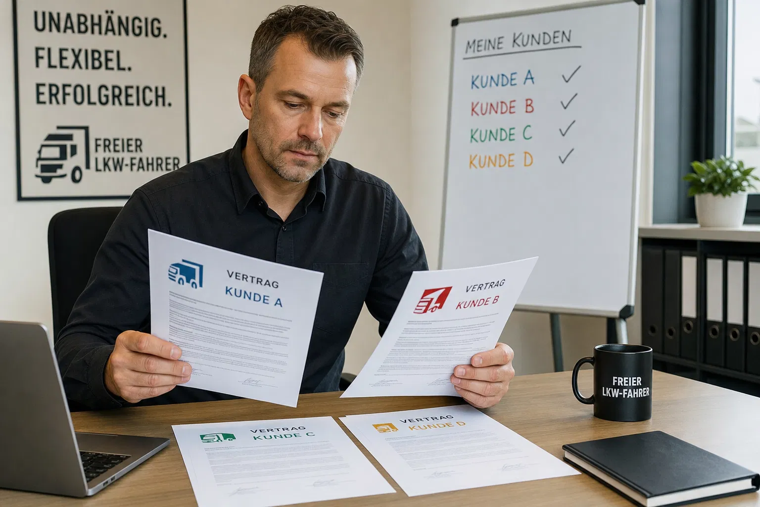 Mann am Schreibtisch liest Verträge mehrerer Kunden, auf dem Whiteboard dahinter stehen Kunde A bis D mit Haken