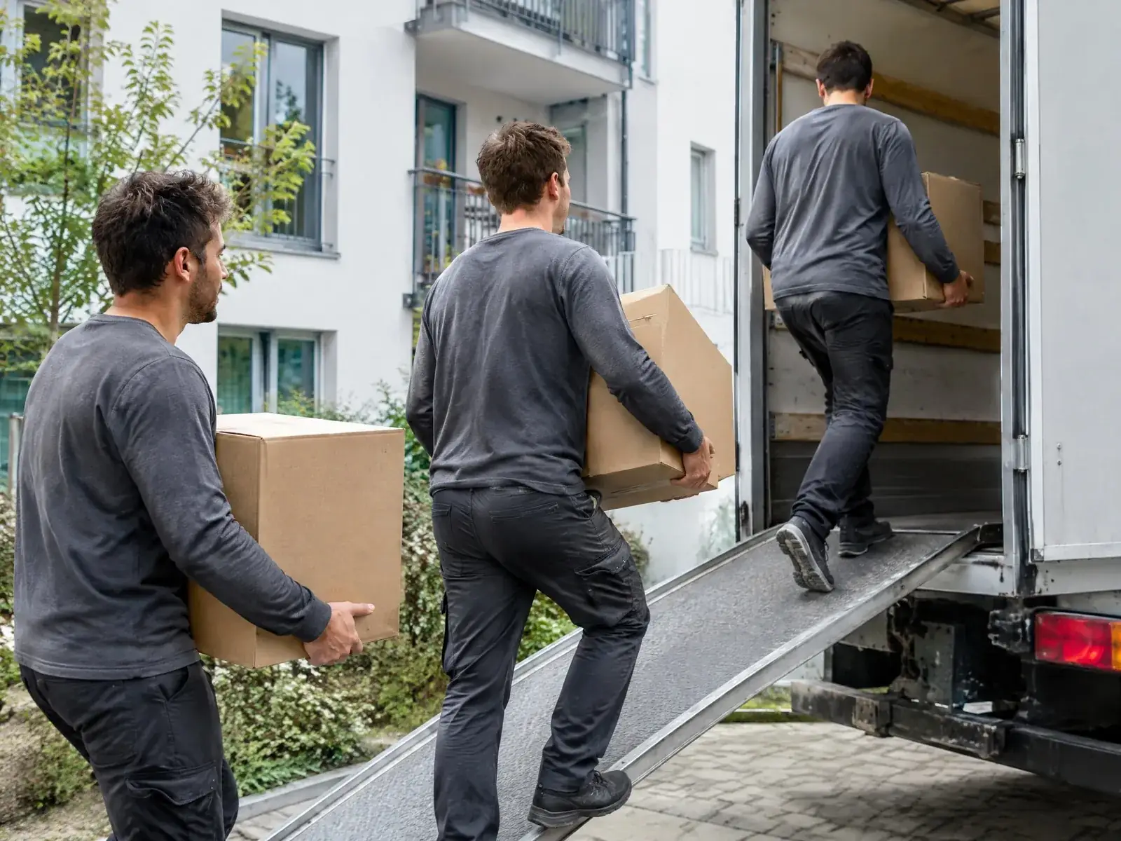 Umzugsunternehmen gründen: Umzugshelfer tragen Kartons über die Rampe in den Lkw