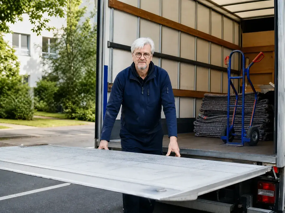 Umzugsunternehmer senkt die Ladebordwand seines 3,5-Tonnen-Transporters für den nächsten Umzug ab