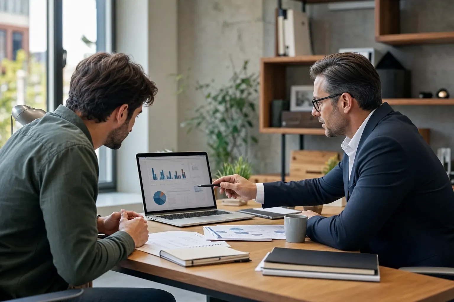Gründer und Berater sitzen gemeinsam vor einem Laptop mit Diagrammen und besprechen die Zahlen