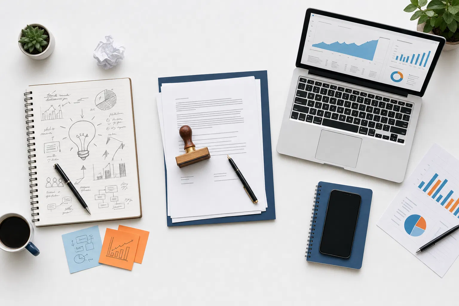 Schreibtisch von oben mit Notizbuch voller Skizzen, Unterlagen mit Holzstempel, Laptop mit Diagrammen, Smartphone und Haftnotizen